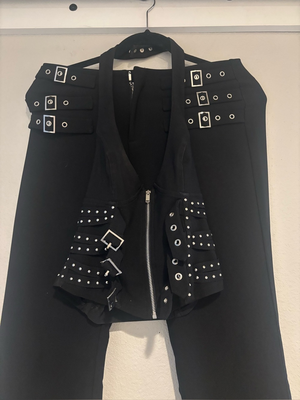 Studded Black Halter Jumpsuit with Buckle Detail